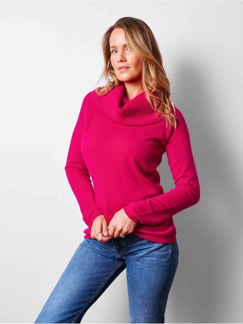 Prive 100% Cashmere Cowl Neck Sweater Hot Pink Luxury Knit Women Size M